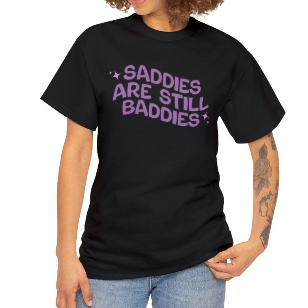Saddies Are Still Baddies Cute Mental Health Black Shirt With Purple Letters